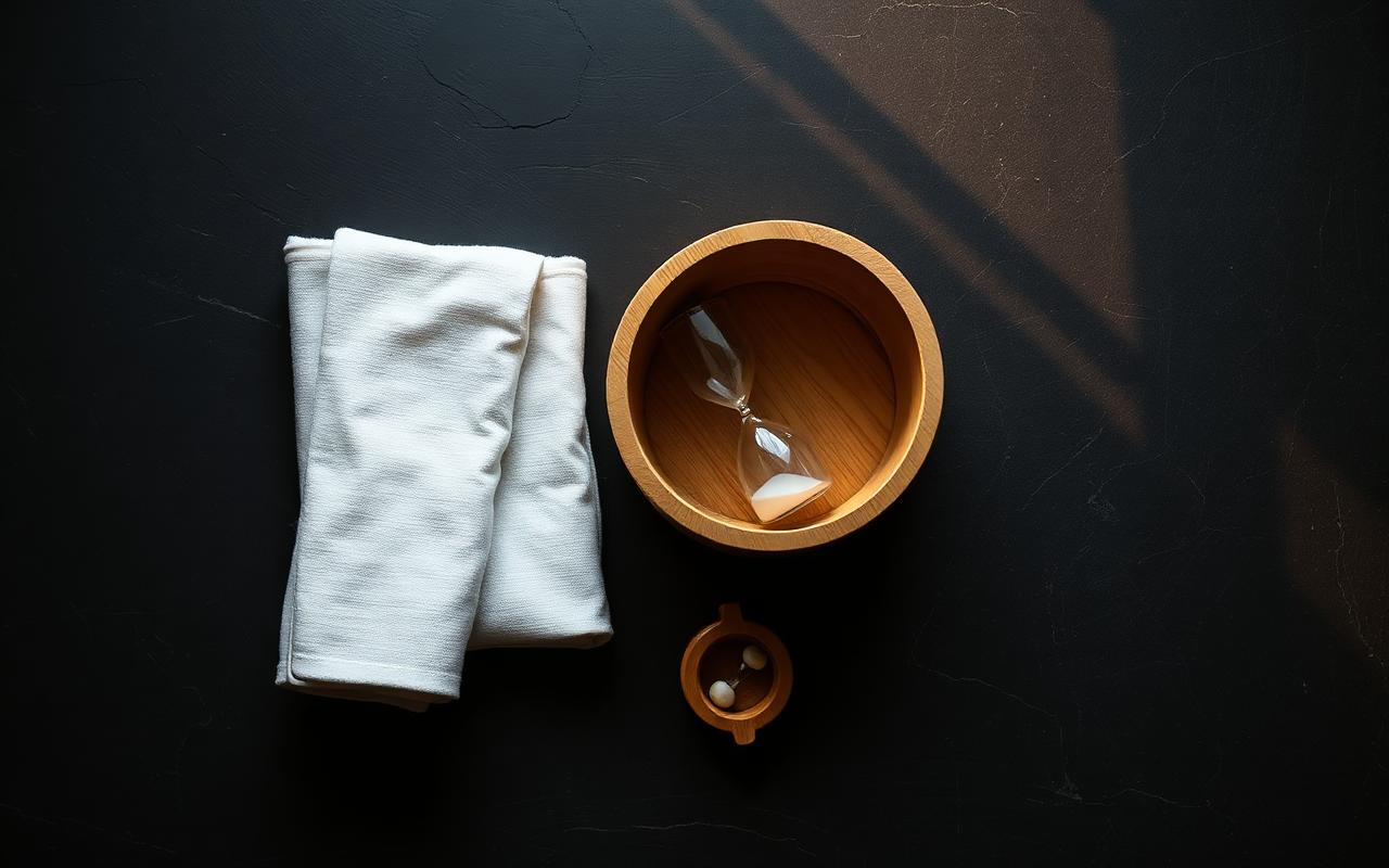 Linen towel, wooden bucket and hourglass on a dark stone surface