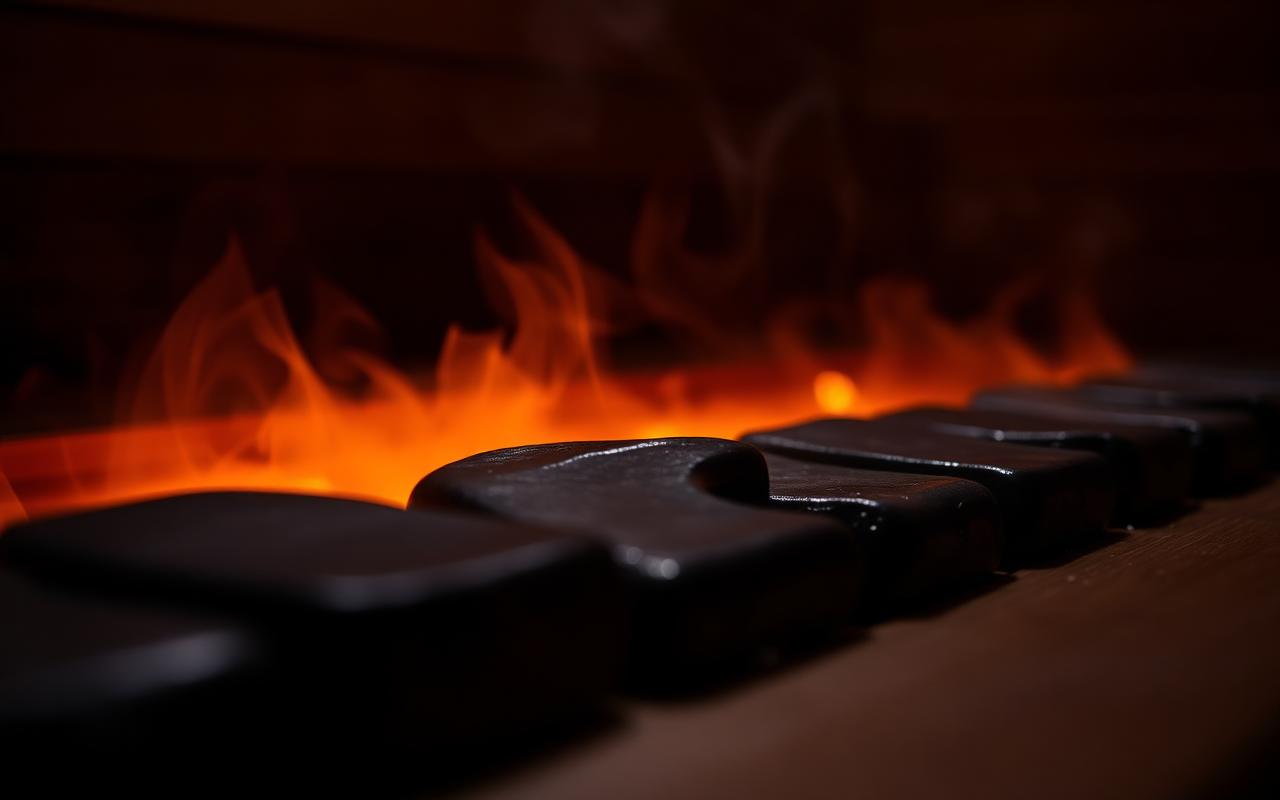 Glowing sauna stones with rising steam